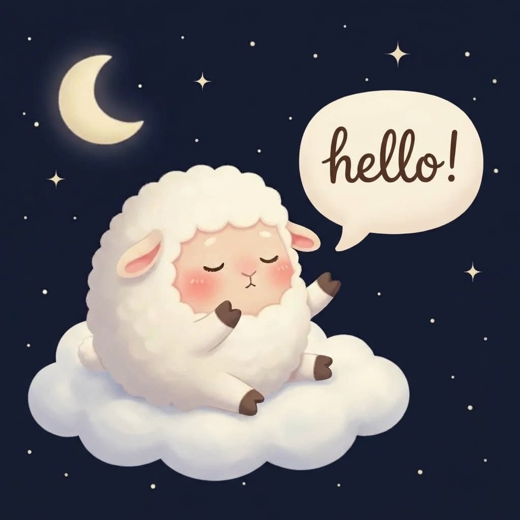 Woolly the sheep listening warmly on a cloud at night