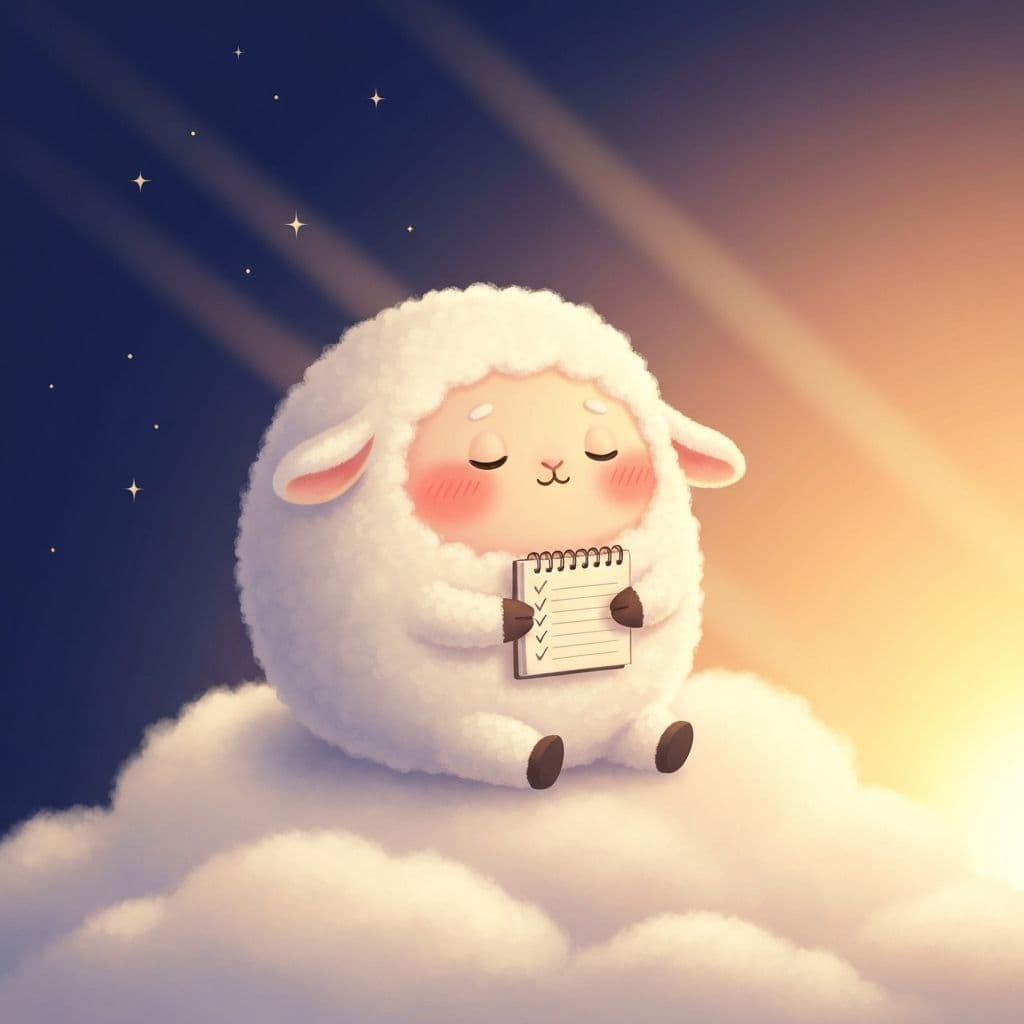 Woolly the sheep at sunrise holding a notebook with organized action items